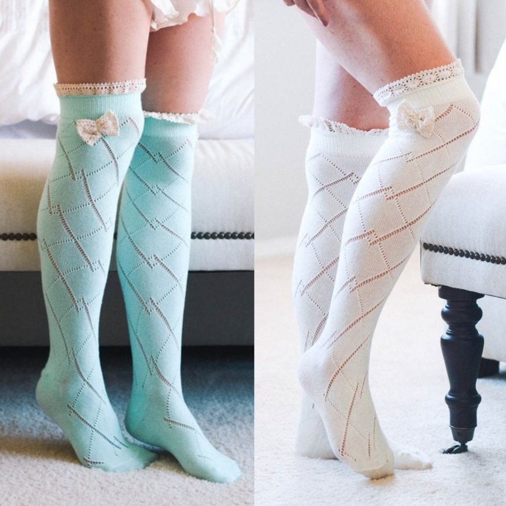 Knee High Lace Trim Bow Socks